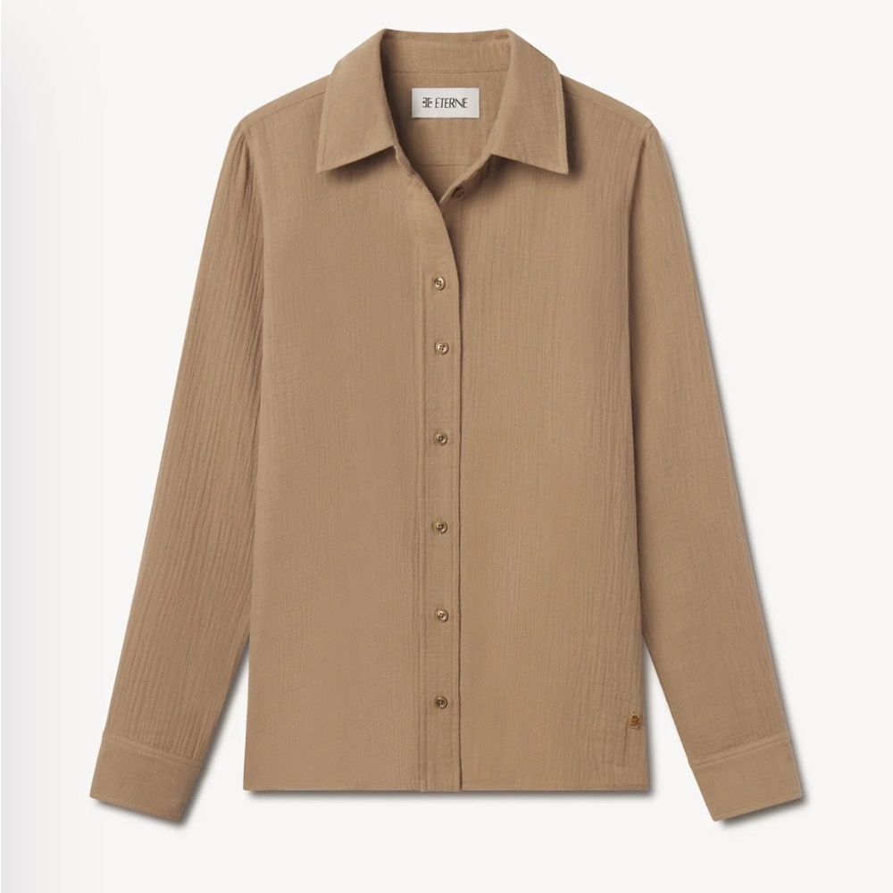 ÉTERNE Constance Gauze Button-Up Top – Taupe/Tan– Size Small – New With Tags